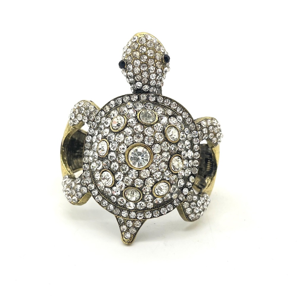 Antique Gold Tone Rhinestone Turtle Hinged Cuff Bracelet Statement Jewelry